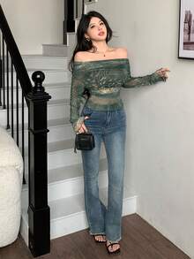 Modelyn Women's Green Knitted Mesh Digital Print Ruched Off Shoulder Long Sleeve Casual Top, Spring/Summer - Green - View 5