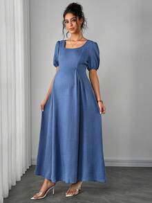 SHEIN Vestido de maternidad elegante y romántico con hombro asimétrico, cintura fruncida y silueta en línea A - Azul - Ver 5