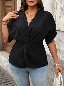 EMERY ROSE Plus Size Women's Elegant V-Neck Short Sleeve Twist Waist Blouse, Suitable For Work, Spring/Summer Curvy Blouses Tie Front Top Plus Size Tie Front Top Christian Black Plus Size Women Blouse Plus Size Black Blouse - Black - View 6
