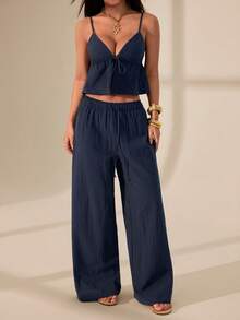 SHEIN PETITE 1 Set Women Navy Cotton & Linen Camisole And Pants, 100% Cotton, Comfortable - Navy Blue - View 3