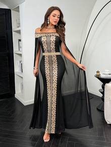 Modelyn Women's Elegant Party Banquet Off Shoulder Lace Patchwork Fitted Cloak Dress - Black - View 1