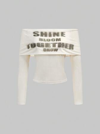 ROMWE Avant Top femme élégant à épaules dénudées avec imprimé anglais en maille