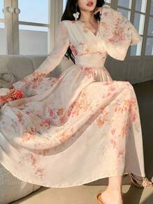 DAZY فستان أنيق للنساء بياقة على شكل حرف V وأكمام واسعة متوسط الطول، فستان ضيف حفل زفاف في الربيع/الصيف - وردي - مشاهدة 9