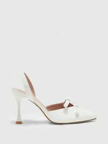 CUCCOO BIZCHIC Giày cao gót mũi nhọn màu trơn, trang trí nơ, thanh lịch, thích hợp đi làm. - trắng - Xem 4