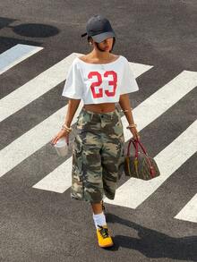 StreetHx 女士不对称肩部短款T恤，朋克数字球衣23号白色短袖不对称肩部上衣 - 白色 - 查看 6