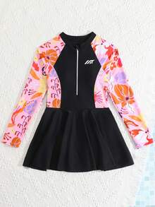 SHEIN 少女碎花拉链长袖连体泳衣 - 黑色 - 查看 5