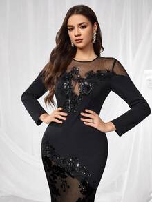 Coutiva Vestido de noche formal sexy y ajustado con cuello redondo, manga larga y transparente (muy enjoyado) - Granate - Ver 7