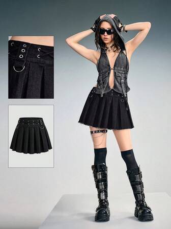 Grunge Punk Jupe en jean mini super plissée avec lacets et œillets vintage abîmée style Y2K pour femmes