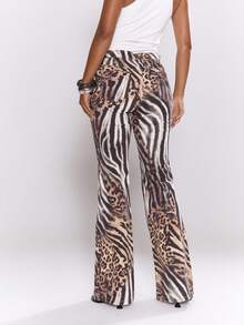 MUSERA Fitted Asymmetric Waist Low Rise Print Flare Jeans Cool Girl, , Going Out, Sexy, Crimson Winter Chic Summer - Brown - View 2