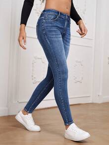 SHEIN Essnce Casual Washed Low-Rise Slim Fit Jeans - Medium Wash - View 6