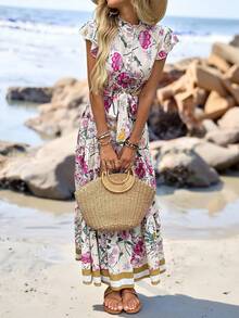 Sylviya Trang phục đi nghỉ mát cho nữ: Váy dài tay ngắn in hoa, xếp ly, phong cách bohemian, thích hợp cho kỳ nghỉ. - Nhiều màu - Xem 4