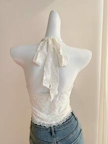 SHEIN EZwear Valentine's Day Summer Tops Women's V-Neck Jacquard Lace Trim Cinched Waist Backless Camisole - Apricot - View 2