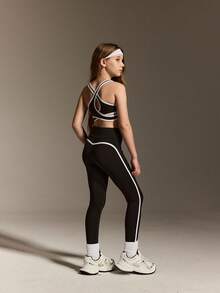 Tween Girls Activewear Set, 4-Way Stretch High Elasticity Snug Fit Vest And Pants, Suitable For Cycling, Running, Training - Black - View 3