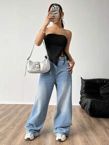 SHEIN EZwear 夏季不对称下摆单肩上衣，配有侧抽绳细节 - 黑色 - 查看 4