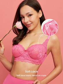 LUVLETTE Woman Lingerie Lounge Curve Balconette Push Up & Breathable Underwire Sexy Unlined Pink Lace Elegance Minimizer Bra Bridal Intimates Romantic Valentine's Day Gifts Bra - Watermelon Pink - View 5