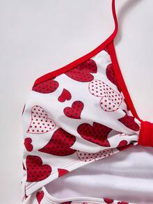 Betty Boop x SHEIN Women's Summer Vacation Heart & Cartoon Pattern Hollow Out Halter One-Piece Swimsuit - Red and White - View 4