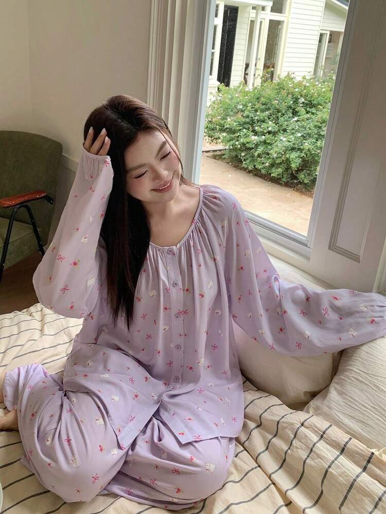 Dazy Plus 2pcs Cute Cartoon Print Loose Fit Sleepwear Set, Long Top And Pants, Spring/Summer/Autumn