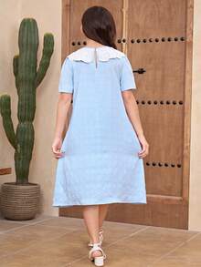 少女宽松优雅彼得潘领羊腿袖连衣裙 - 玫紅色 - 查看 2