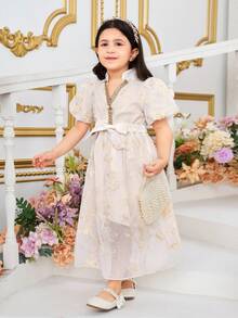 SHEIN Young Girl's Elegant Embroidered Lantern Sleeve Long Dress - Apricot - View 3