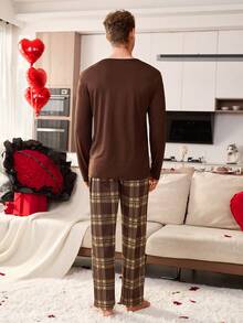 Men's Casual & Comfortable Plaid Print Button Crew Neck Long Sleeve Knit Loungewear Set, Suitable For Couples/Valentine's Day