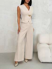 SHEIN PETITE 女士优雅简约休闲通勤日常金属扣泡泡袖露脐上衣和高腰阔腿裤两件套，杏色，教师装 - 杏色 - 查看 4