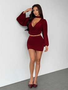 SHEIN PETITE Bộ vest công sở màu đỏ tía thanh lịch, thích hợp cho công sở, mùa thu, mùa đông, màu đỏ, trang phục gợi cảm cho nữ dự tiệc, bộ đồ thanh lịch cho nữ, váy dự tiệc, năm mới, Giáng sinh, Lễ Tạ ơn, váy ôm gợi cảm, váy hẹn hò, váy cổ chữ V sâu, váy dự hộp đêm, váy màu rượu vang đỏ. - Màu Đỏ Sâu - Xem 7