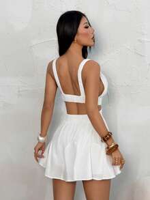 SHEIN PETITE White Chiffon V-Neck Backless Tie Strap Mini Dress, White Dress, Graduation Dress, Vacation Dress, Spring/Summer - White - View 2