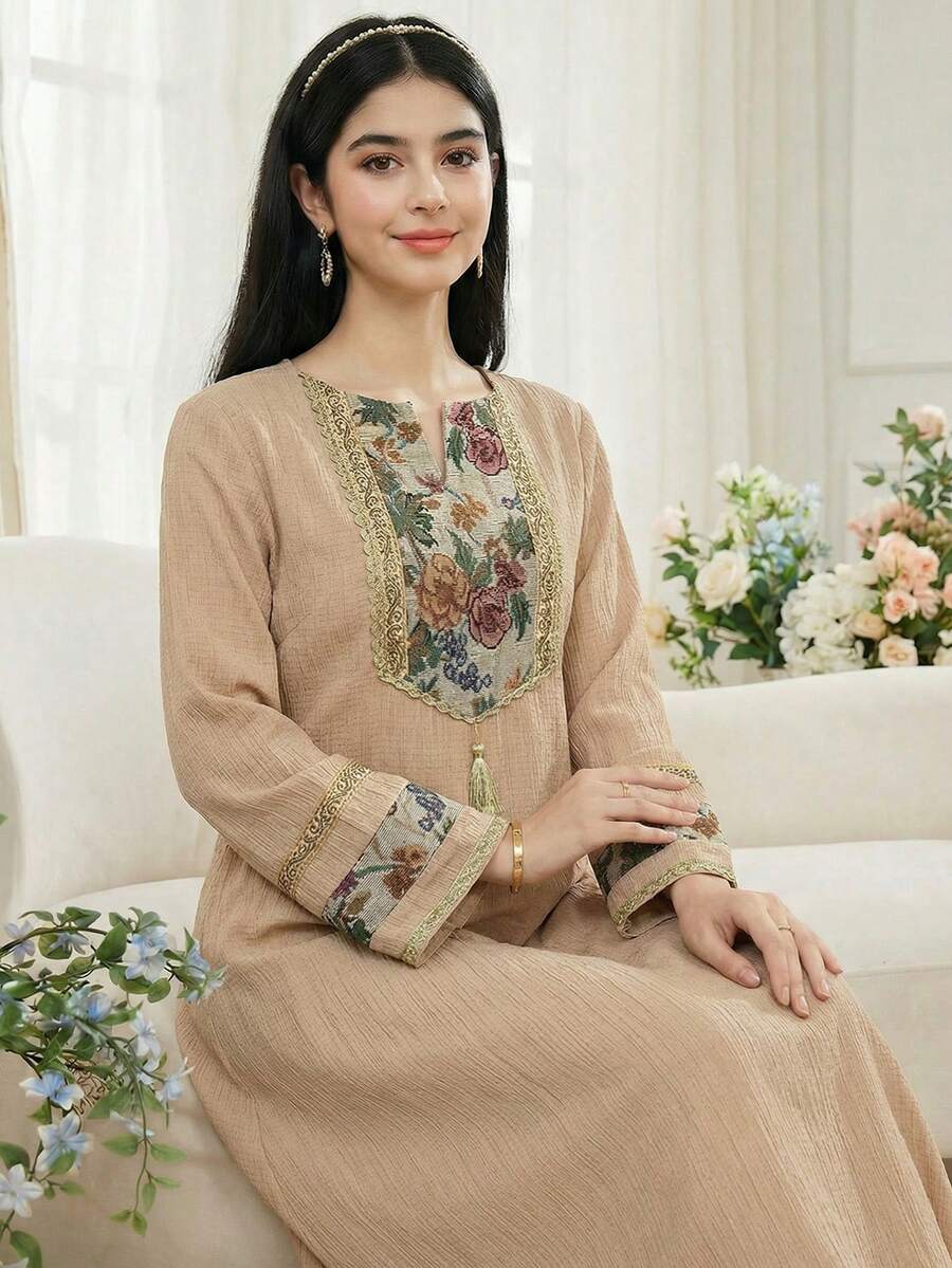 SHEIN 青少年女孩卡其色中東阿拉伯長袍,優雅秋季刺繡長款保守洋裝,適用國慶派對、畢業典禮、度假 - 卡其色 - 查看 1
