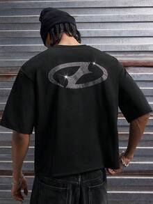 AXEPEAK 男士水钻几何图案圆领宽松休闲短袖T恤 - 黑色 - 查看 6