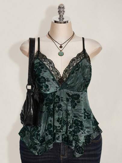 SHEIN ICON Plus Size Hippie Women Lace Contrast Allover Print Asymmetric Hem Camisole Top, Suitable For Festival, Summer Vacation, Graduation And Back To School