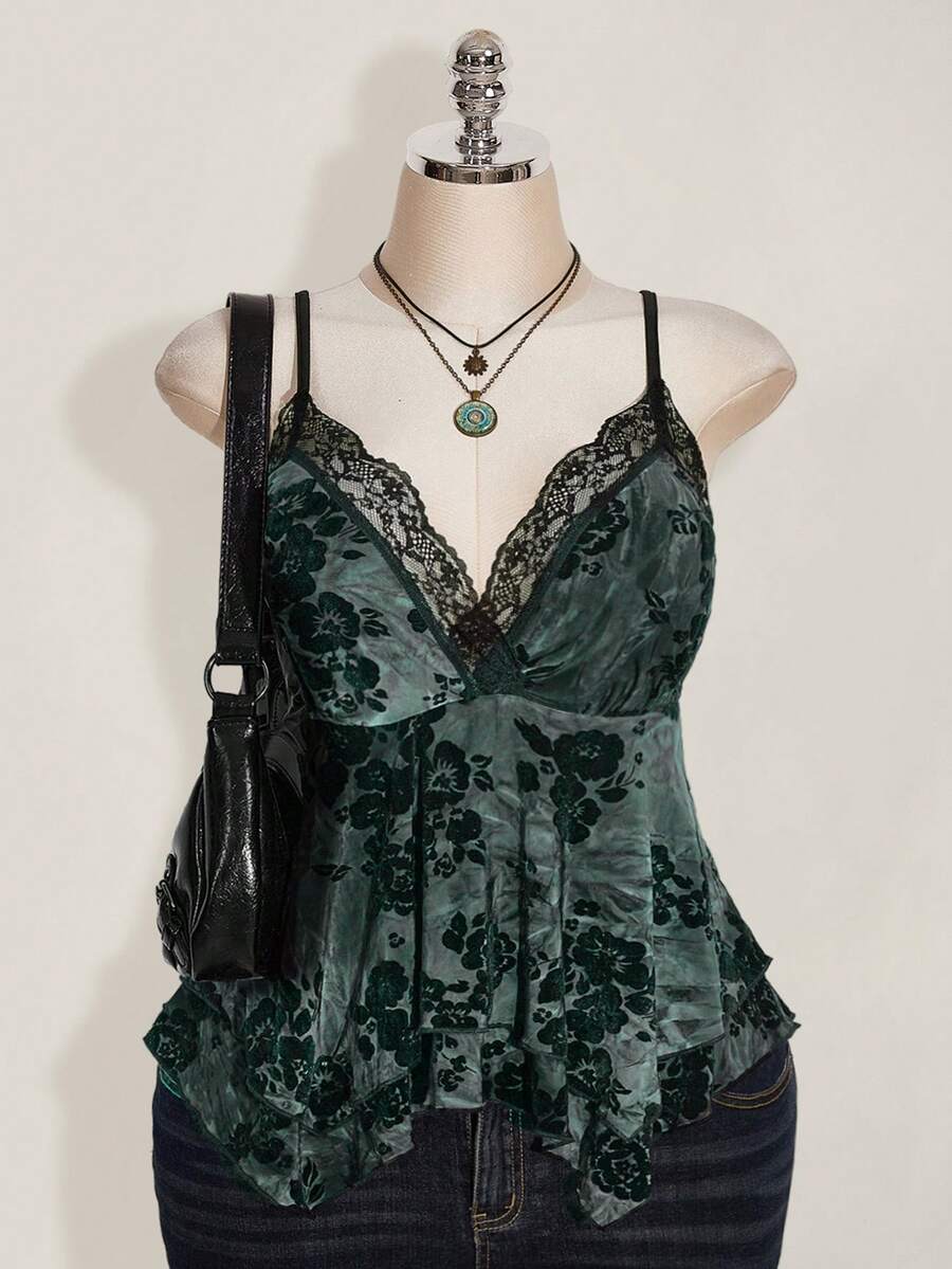 SHEIN ICON Áo hai dây họa tiết ren tương phản Hippie cỡ lớn cho nữ, viền bất đối xứng, thích hợp cho lễ hội, kỳ nghỉ hè, tốt nghiệp và trở lại trường - màu đen - Xem 1