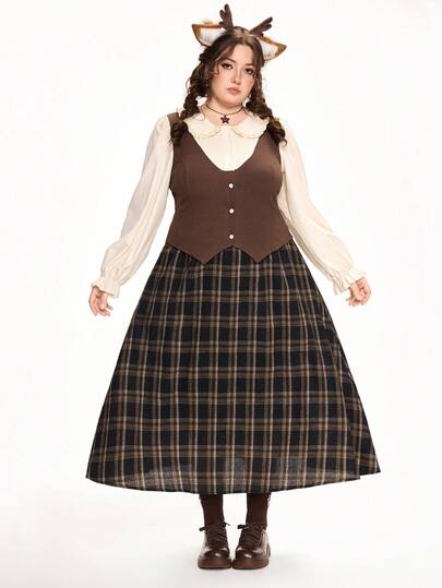 Fairycore Plus Size Women Lace Patchwork Turndown Collar 2 In 1 Shirt