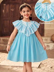 SHEIN Young Girl Casual Ruffle Embroidered Dress - Blue - View 8