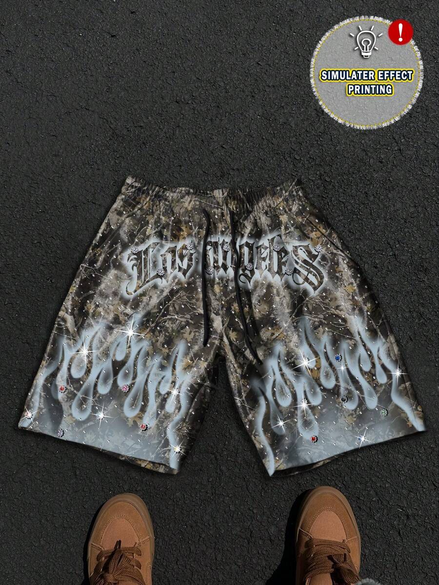 Manfinity EMRG Pantalones cortos casuales de hombre con estampado de llamas y letras, cintura elástica, para verano