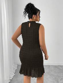 Elenzga 大码提花面料纯色荷叶边无袖连衣裙，罗纹针织修身半身裙，时尚百搭，适合约会和派对 - 咖啡棕 - 查看 2