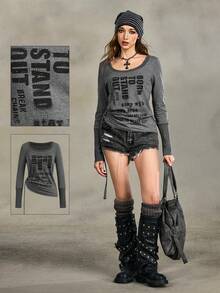 ROMWE EDITION Women's Casual Vintage Distressed Gothic Style Floral & Slogan Print Ruched Ring Strap Detail Long Sleeve T-Shirt, Spring/Autumn - Grey - View 1
