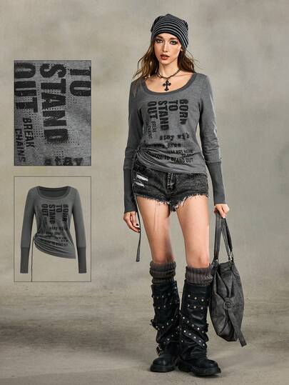 Grunge Punk تي شيرت نسائي كاجوال بأكمام طويلة، طراز جوتيك مزخرف بطباعة الزهور والشعارات، مطوي مع تفاصيل حلقة الحزام، طراز فينتاج متهالك، مناسب للربيع والخريف