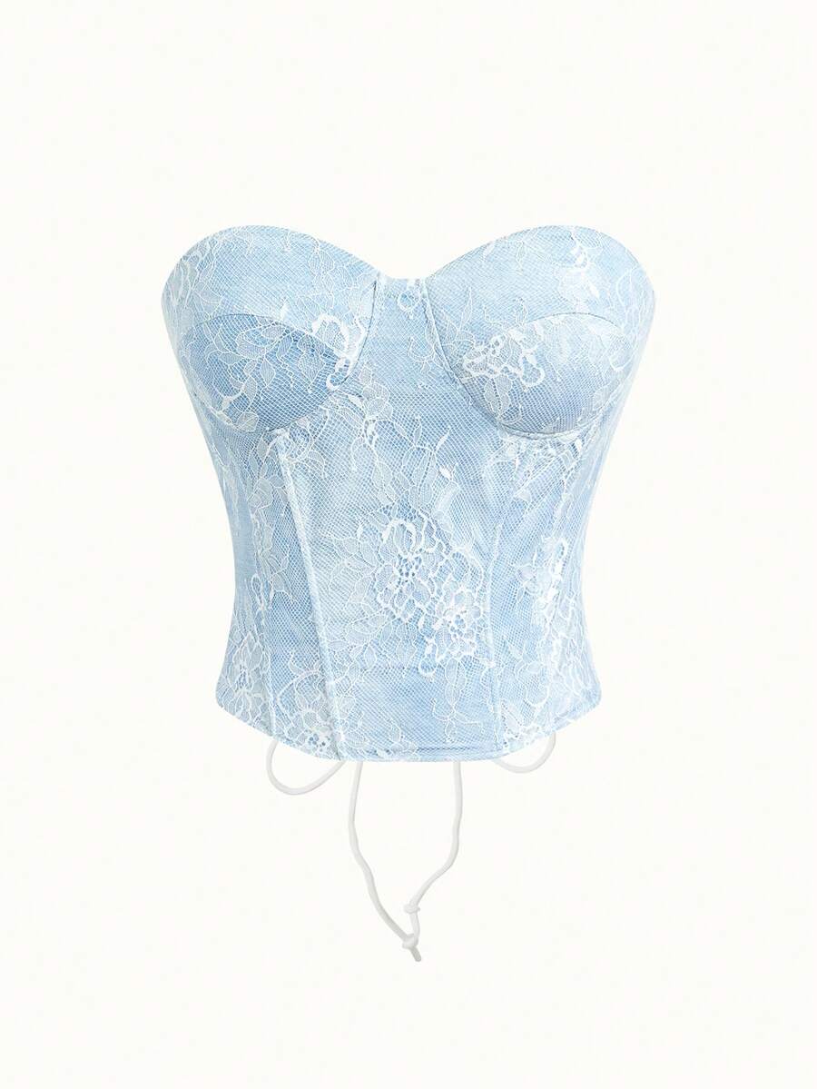 Bonmuse Áo crop top corset ren vá phong cách cung điện kiểu Pháp gợi cảm, vừa vặn, thời trang - Màu xanh nhạt - Xem 1