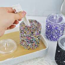 1PC Rhinestone Cotton Swab Storage Box, Makeup Pad Pads, Cotton Swabs, Toothpicks, Dental Floss, Hair Ties, Small Items Round Organizer, Makeup Table And Office Desk - Multicolor - View 7