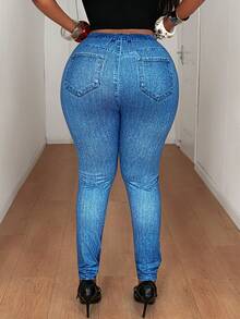 Maweii 大码女式休闲紧身针织面料弹力腰仿牛仔印花修身打底裤，时尚撞色拼接设计，新款大码紧身裤 - 彩色 - 查看 2