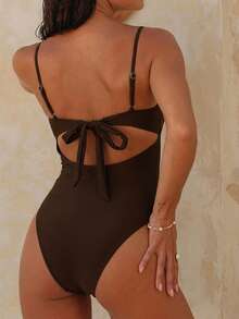 Swim Chiccia 1件装女士性感休闲度假简约优雅纯色镂空扭结肩带连体泳衣，春夏款 - 棕色 - 查看 2
