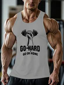 Manfinity Sport PWRUP Men's Casual Letter & Barbell Print Sleeveless Tank Top, Summer