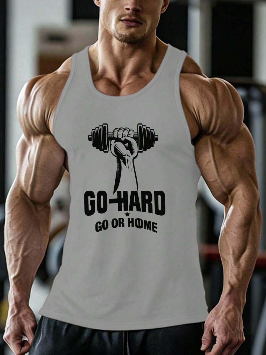 Manfinity Sport PWRUP Men's Casual Letter & Barbell Print Sleeveless Tank Top, Summer