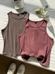 Comfortcana 2pcs Plus Size Women Casual Solid Color Comfortable Camisole, Suitable For Daily Wear - Brown - View 4