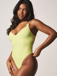 MISSGUIDED Plunge Neck One Piece Swimsuit With Bow Detail Spaghetti Straps V Neckline High Cut Leg Summer Beach Monokini - Yellow - View 5