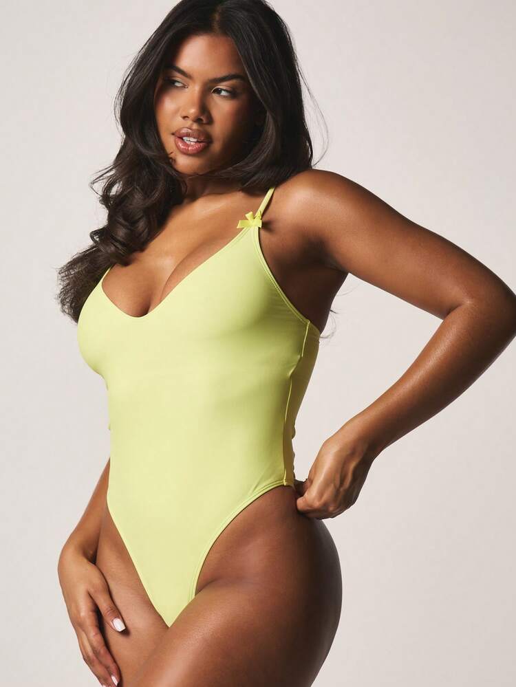 MISSGUIDED Plunge Neck One Piece Swimsuit With Bow Detail Spaghetti Straps V Neckline High Cut Leg Summer Beach Monokini