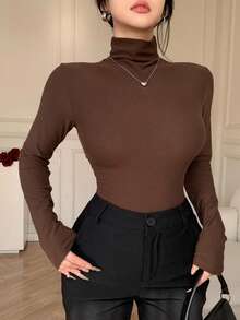 DAZY Top à col roulé manches longues slim fit marron patchwork de couleur unie pour femmes, convient pour l'automne et le printemps - Tabac - Voir 6