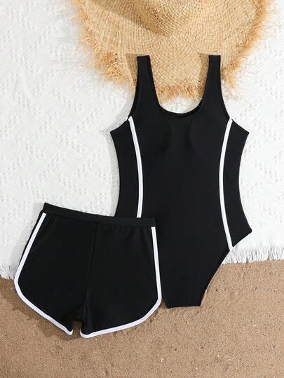 SHEIN בגד ים שלם לבנות עם הדפס עץ קוקוס בצבע אחיד ומכנסיים קצרים להדפס עץ קוקוס, מתאים לקיץ, גלישה, חוף, חופשה, בריכה