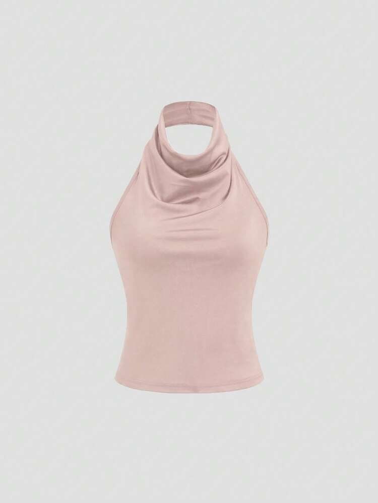 Sweetra Scoop Neck Halter Elegant Basic Camisole With Elastic