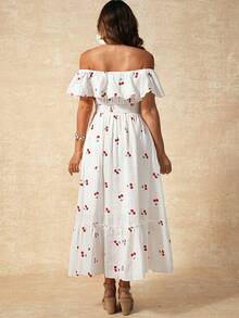 Đầm bầu mùa hè in hình quả anh đào, trễ vai, xếp ly. - trắng - Xem 10